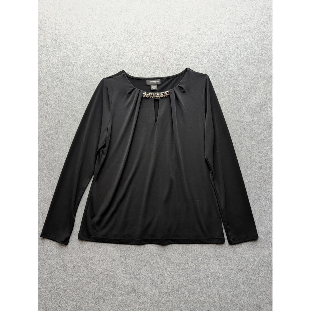 Liz Claiborne Blouse Black Embellished Keyhole Neckline Long Sleeve Size L
